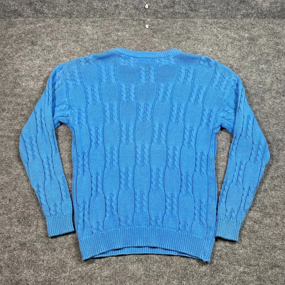 Izod Mens Cable Knit Sweater Bright Blue Crewneck Cotton Pullover Large USA Made